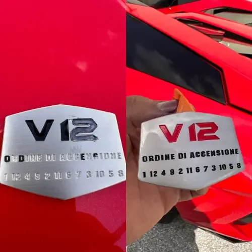 V12 badge · Rosso — before and after